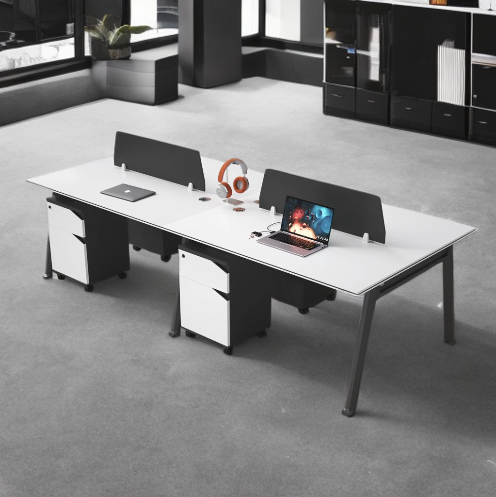 Estación de Trabajo (Workstation) SIT, 4 Módulos, 1 Gaveta+1 Almacenamiento, Panel Privado, Pasacable, Color Blanco+Gris Oscuro. SIT-WK44