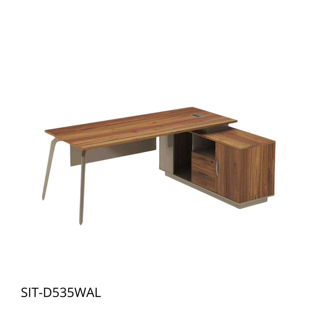 Escritorio SIT tipo L base metálica, mesa auxiliar melamina nogal con medidas 160 W x 80 D x 75 H cm / SIT-D535WAL
