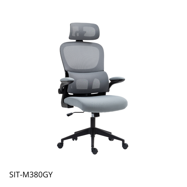 Silla de malla Sit, con respaldo alto y reposacabezas ajustable, respaldo de nylon color negro y gris SIT-M380BK / SIT-M380GY