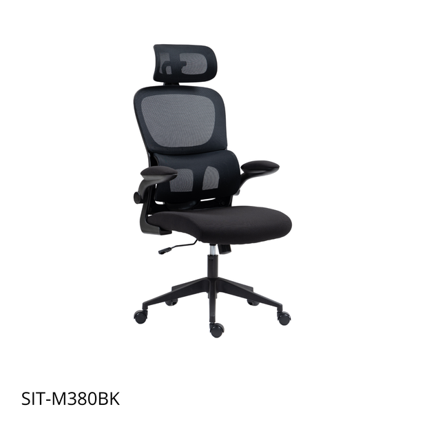 Silla de malla Sit, con respaldo alto y reposacabezas ajustable, respaldo de nylon color negro y gris SIT-M380BK / SIT-M380GY