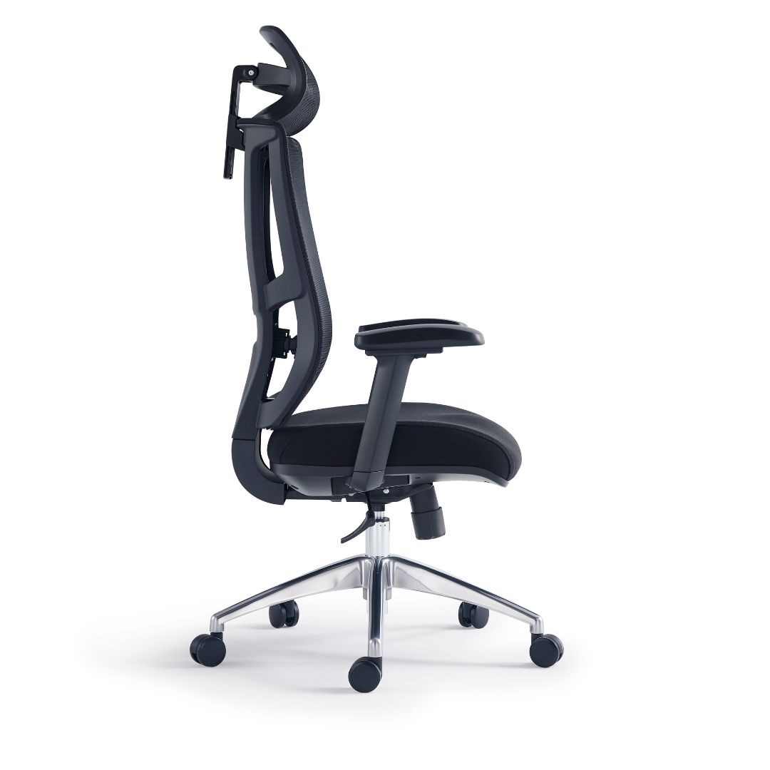 Silla ejecutiva respaldo alto, acabado en tela y malla negra, reposacabezas 2D, apoyabrazos | IOFF-M710