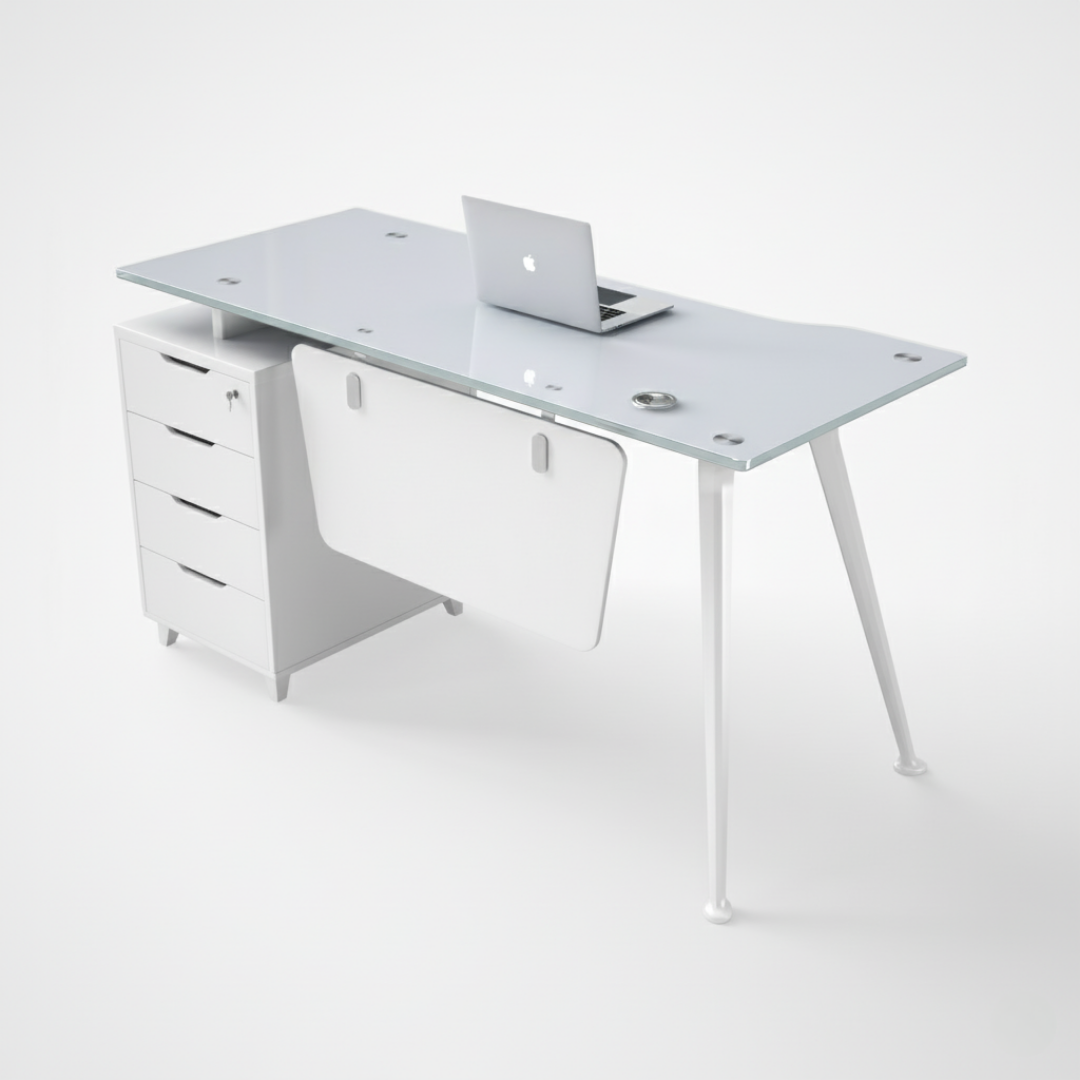 Escritorio de Oficina SIT, base cuadrada, vidrio templado, 3 cajones, base metálica. Color Blanco y Color Negro. SIT-D425