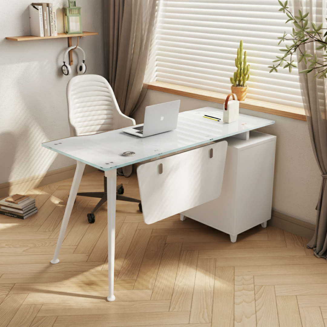 Escritorio de Oficina SIT, base cuadrada, vidrio templado, 3 cajones, base metálica. Color Blanco y Color Negro. SIT-D425