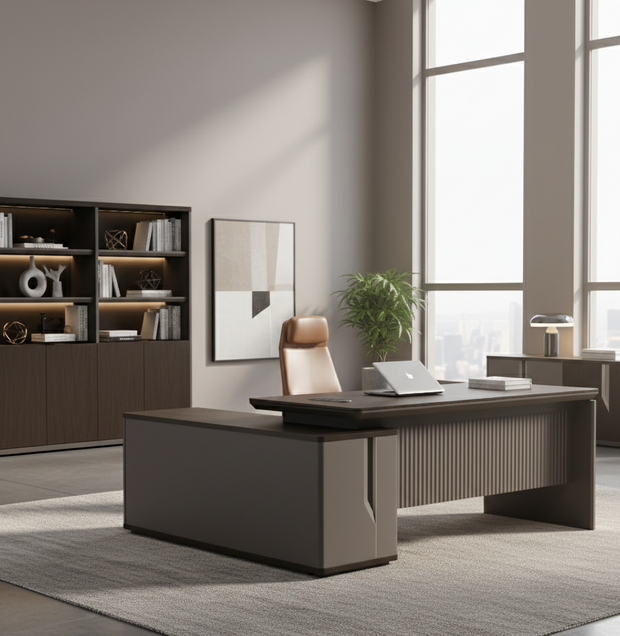 Escritorio de Oficina SIT, Tipo "L", 3 Gavetas, Almacenamiento, Pasacable, Color Madera Oscuro + Gris. SIT-D650