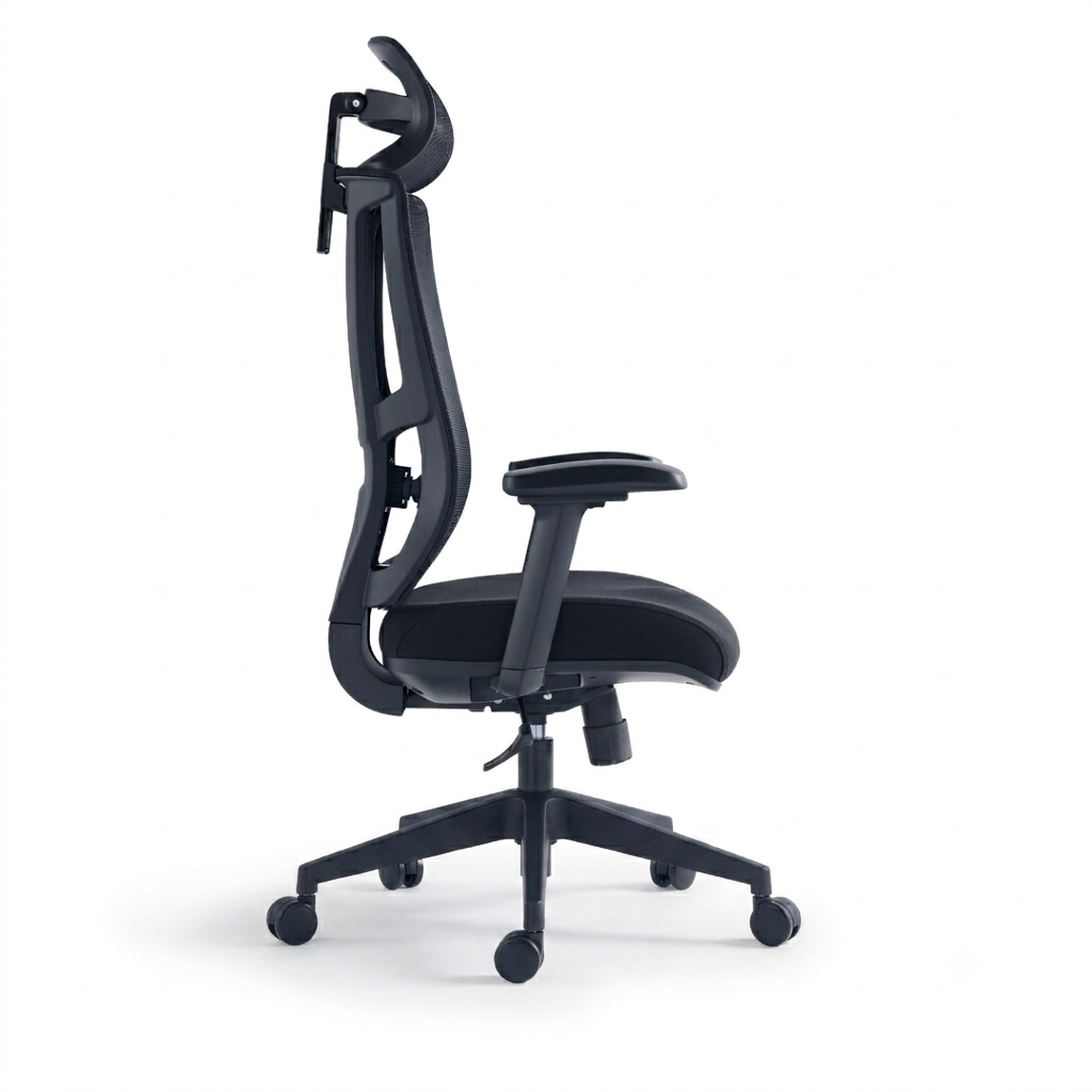 Silla ejecutiva respaldo alto, acabado en tela y malla negra, reposacabezas 2D, apoyabrazos | IOFF-M710