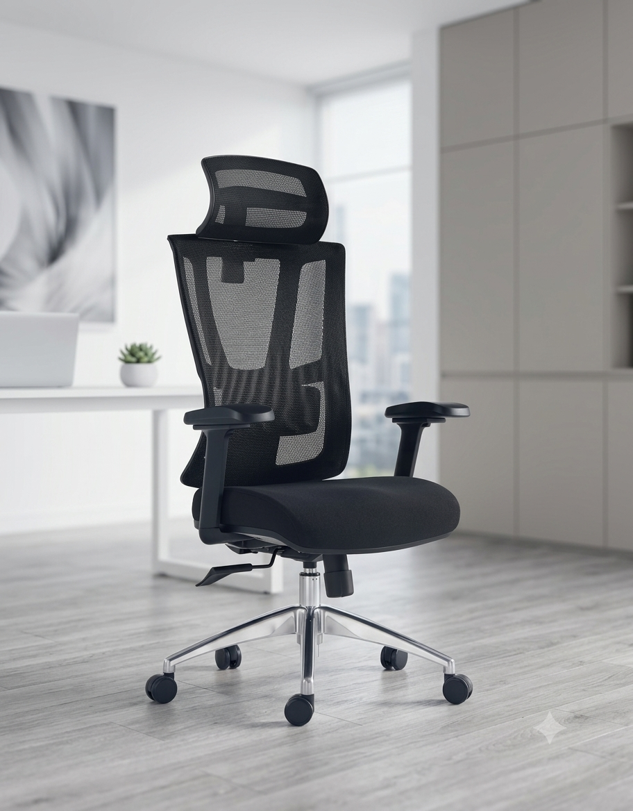 Silla ejecutiva respaldo alto, acabado en tela y malla negra, reposacabezas 2D, apoyabrazos | IOFF-M710