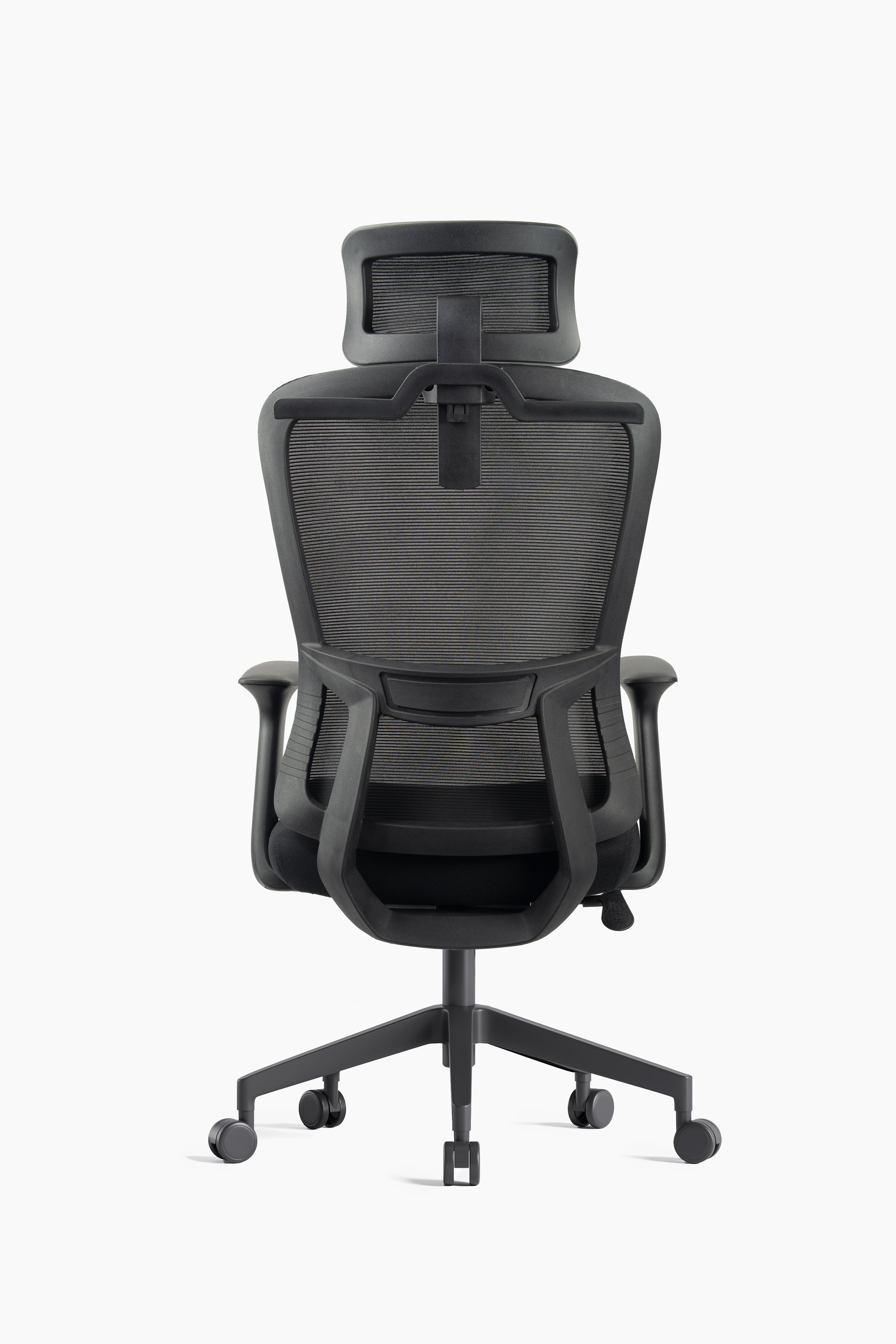 Silla ejecutiva respaldo alto, malla negra, reposacabezas ajustable, apoyabrazos fijos y base nylon | IOFF-M709