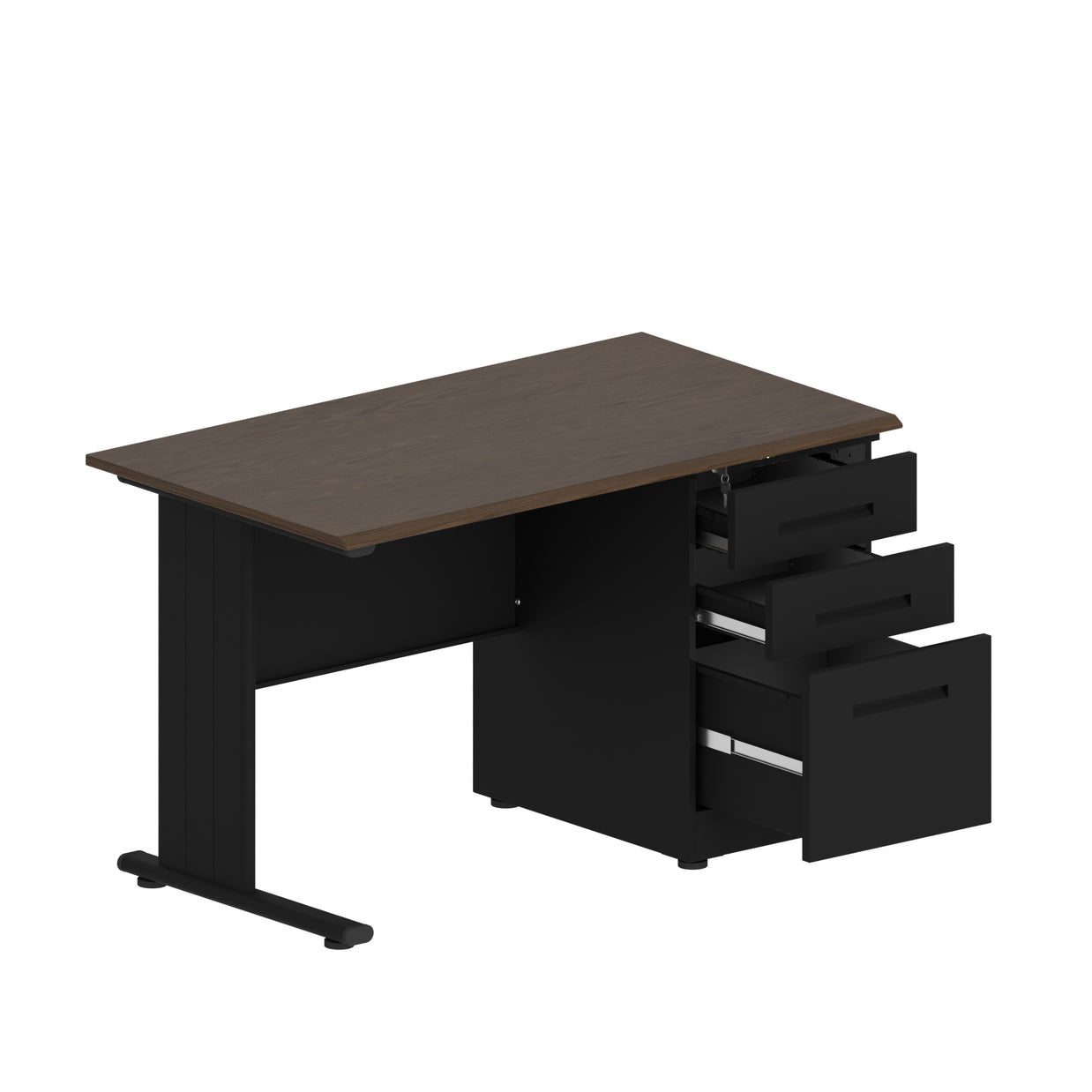 Escritorio de Oficina iOffice de Acero, Tablero MFC, Color Negro+Top Cafe, 3 Gavetas. IOFF-WD3BK