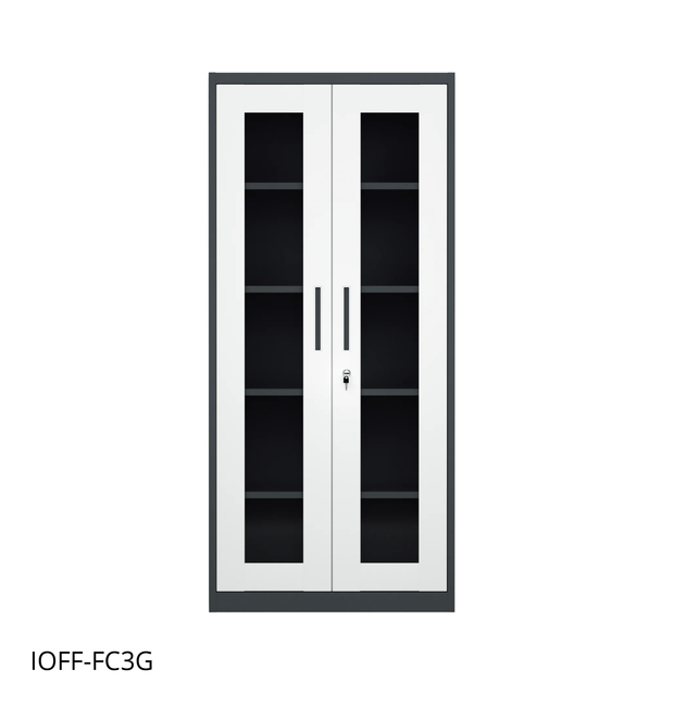 Armario Archivador iOffice, 2 Puertas de Vidrio, Acero, Color Gris y Negro, Ajustables, 185x90x40cm.