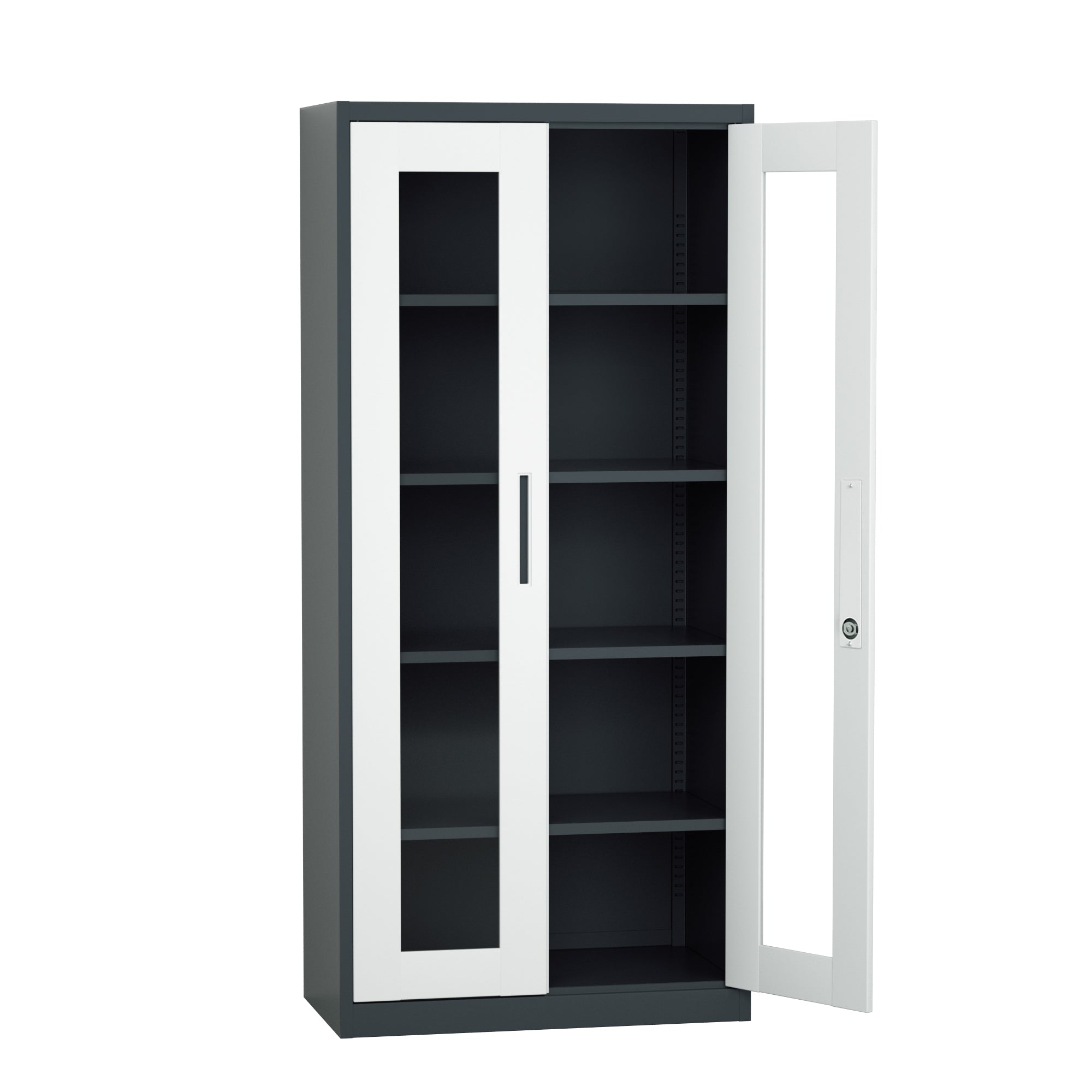 Armario Archivador iOffice, 2 Puertas de Vidrio, Acero, Color Gris y Negro, Ajustables, 185x90x40cm.