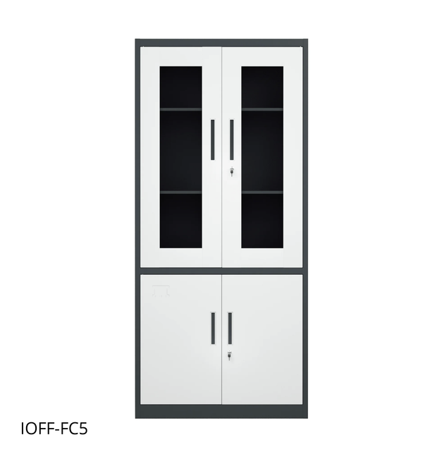 Armario Archivador iOffice, Metálico Color Negro y Gris con 2 puertas de vidrio + 2 puertas metálicas, 185x90x40cm.