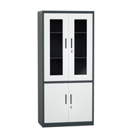 Armario Archivador iOffice, Metálico Color Negro y Gris con 2 puertas de vidrio + 2 puertas metálicas, 185x90x40cm.
