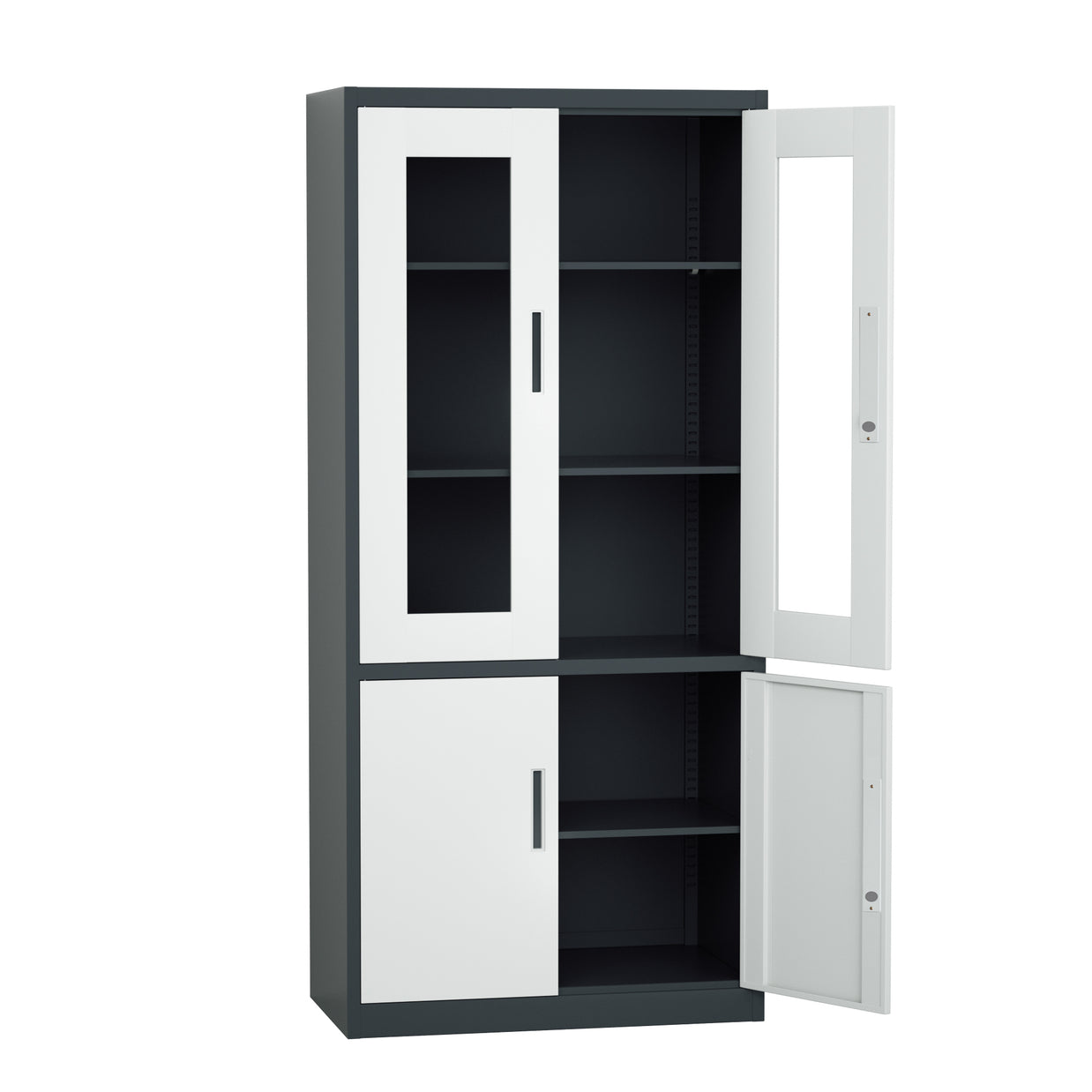 Armario Archivador iOffice, Metálico Color Negro y Gris con 2 puertas de vidrio + 2 puertas metálicas, 185x90x40cm.