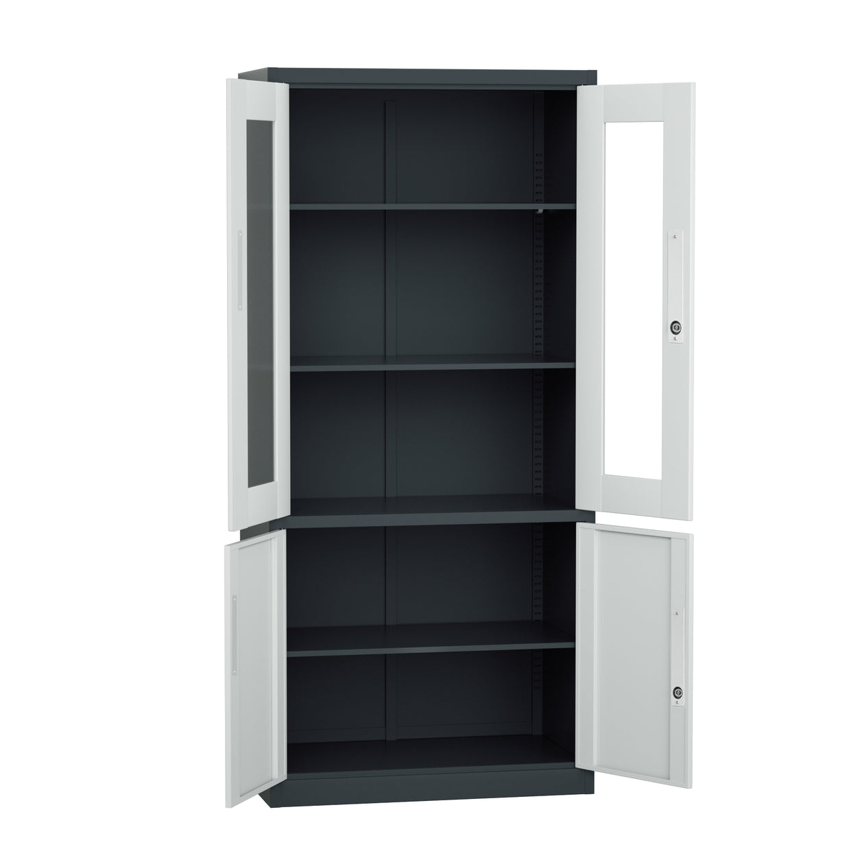Armario Archivador iOffice, Metálico Color Negro y Gris con 2 puertas de vidrio + 2 puertas metálicas, 185x90x40cm.