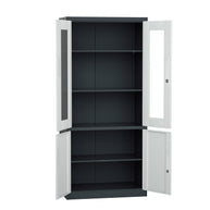 Armario Archivador iOffice, Metálico Color Negro y Gris con 2 puertas de vidrio + 2 puertas metálicas, 185x90x40cm.