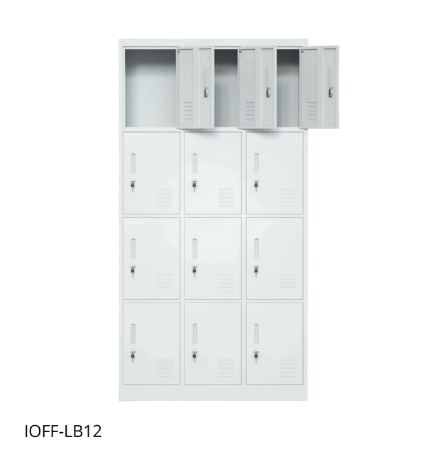 Casillero Metálico (Locker) iOffice, 12 Puertas, Acero, Color gris Claro, Ventilación + Porta tarjeta. IOFF-LB12