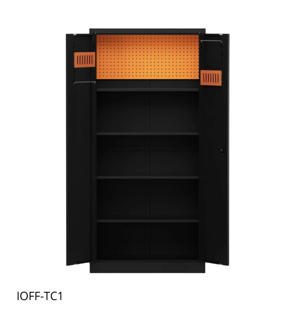 Armario de Herramientas iOffice, Acero, 4 Estantes ajustables + Tablero perforado, Color negro. IOFF-TC1