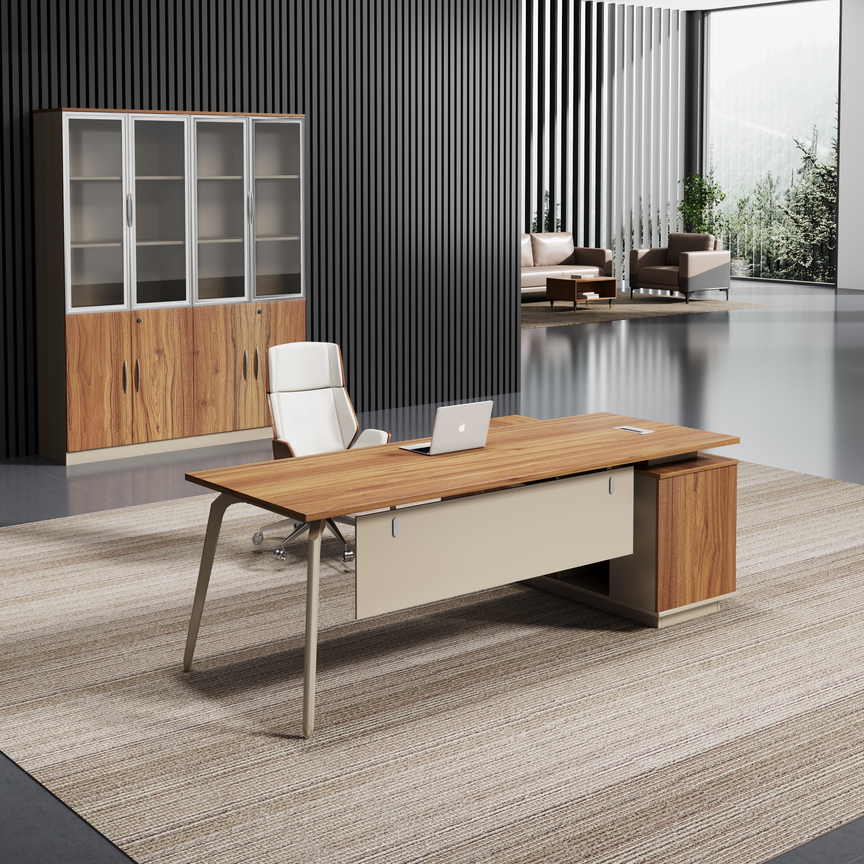 Escritorio SIT tipo L base metálica, mesa auxiliar melamina nogal con medidas 160 W x 80 D x 75 H cm / SIT-D535WAL