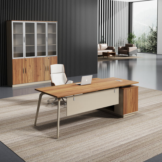 Escritorio SIT tipo L base metálica, mesa auxiliar melamina nogal con medidas 160 W x 80 D x 75 H cm / SIT-D535WAL