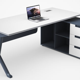 ESCRITORIO SIT TIPO L, BLANCO+AZUL NAVY, BASE CUADRADA,3 GAVETAS, 3 ALMACENAMIENTOS, W140xD70xH75cm