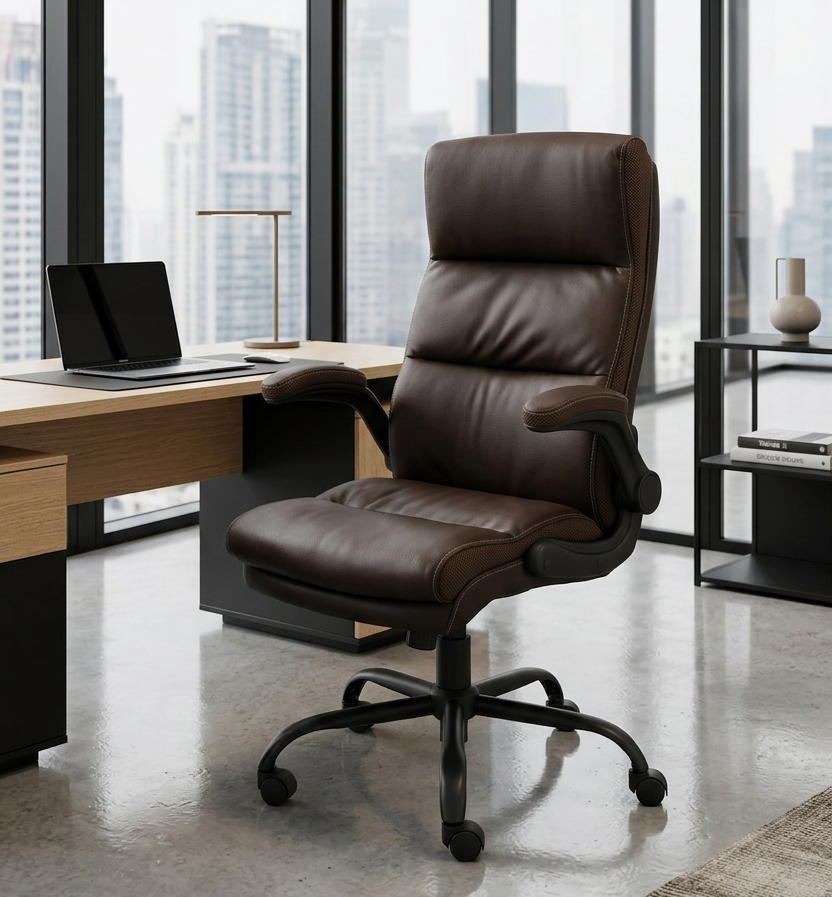 Silla SIT ejecutiva con respaldo alto, mecanismo, reposabrazos, marrón piel sintética. SIT-M650