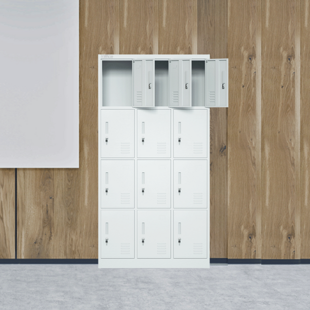 Casillero Metálico (Locker) iOffice, 12 Puertas, Acero, Color gris Claro, Ventilación + Porta tarjeta. IOFF-LB12