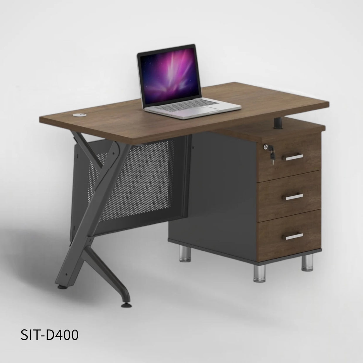 Escritorio de Oficina SIT con base Metálica de 3 cajones, tapa de Madera y base Metálica. SIT-D400