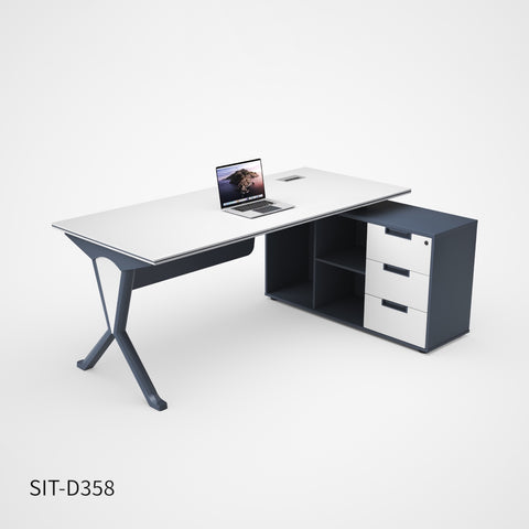 Escritorio de Oficina SIT Tipo "L", base cuadrada, 3 cajones+3 almacenamientos. Color Blanco + Azul Navy. SIT-D358