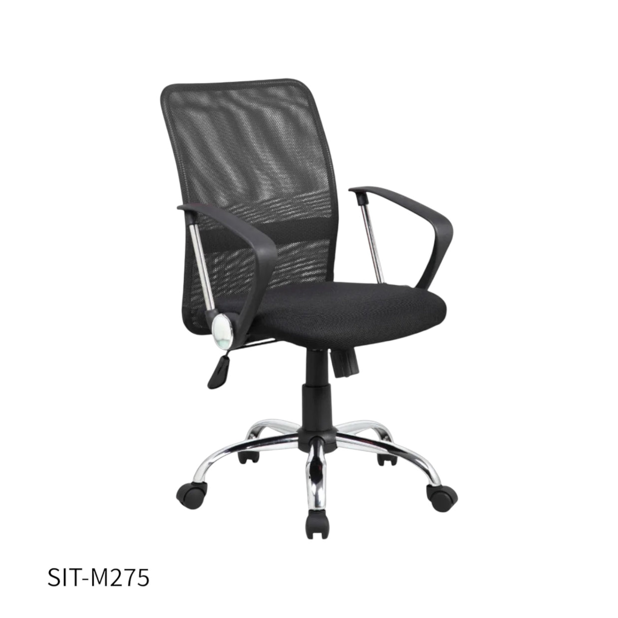 Silla SIT Ejecutiva, base cromada, apoyo acolchonado. Color Negro. Peso: 200Lbs. SIT-M275