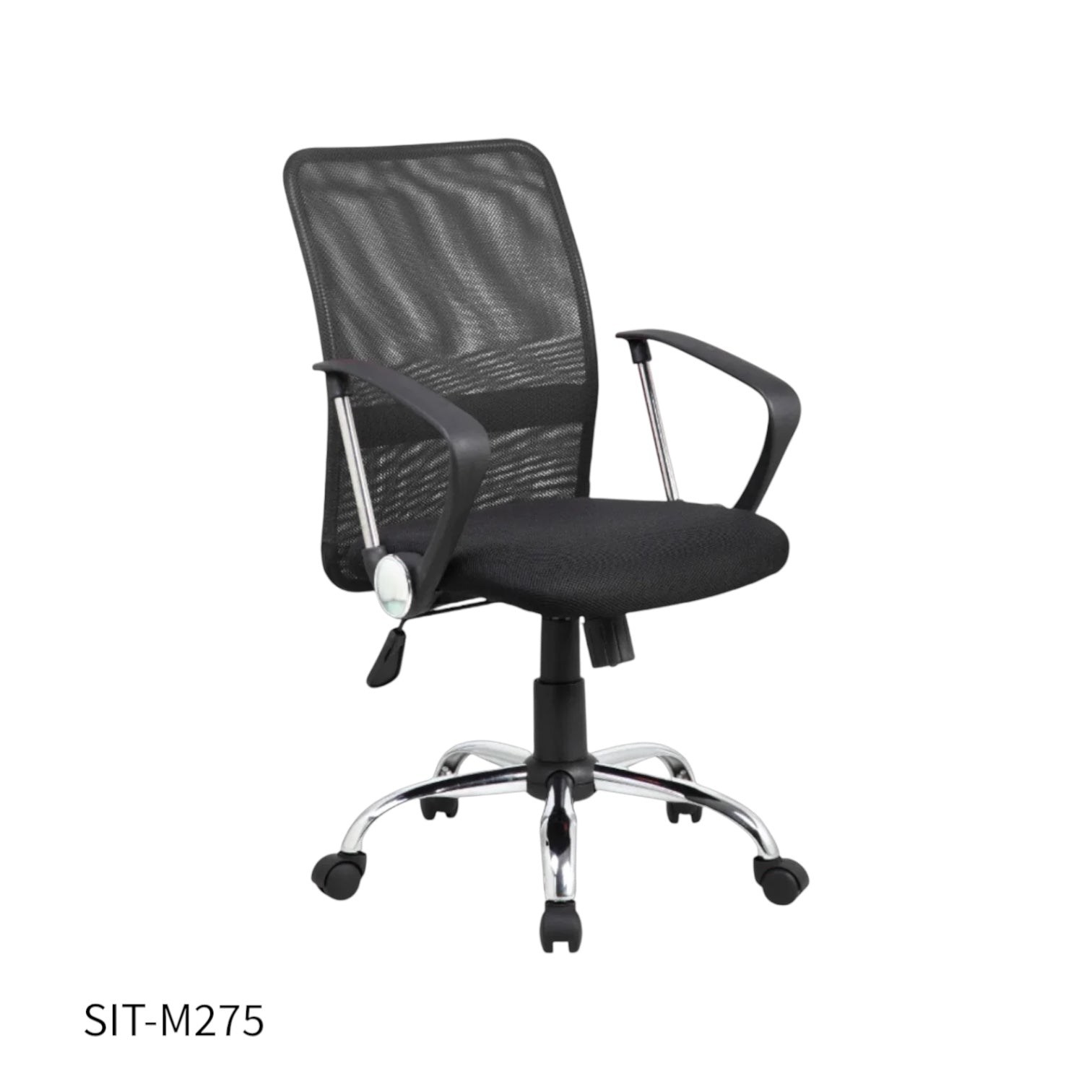 Silla SIT Ejecutiva, base cromada, apoyo acolchonado. Color Negro. Peso: 200Lbs. SIT-M275