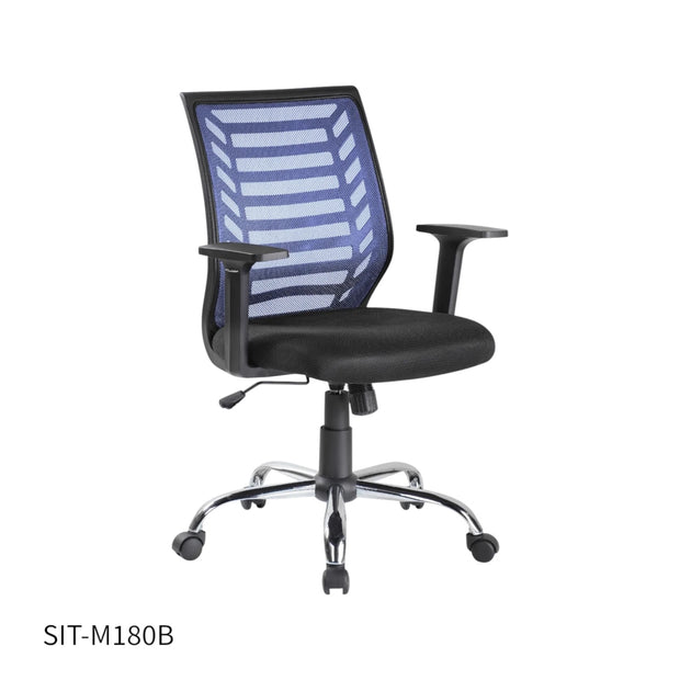 Silla SIT Ejecutiva, tejido de malla negro y azul, Base Cromada, Color Negro y Azul. Peso: 200Lbs. SIT-M180