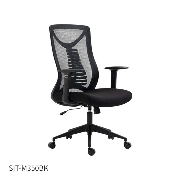 Silla SIT Ejecutiva, malla negra, inclinación flexible, ruedas de goma, apoyo lumbar. Peso: 250 Lbs. SIT-M350