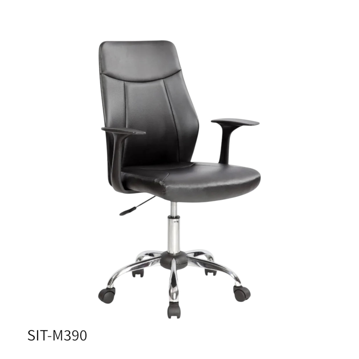 Silla SIT Ejecutiva, cuero sintético, asiento acolchonado. Color Negro. Peso: 250Lbs. SIT-M390