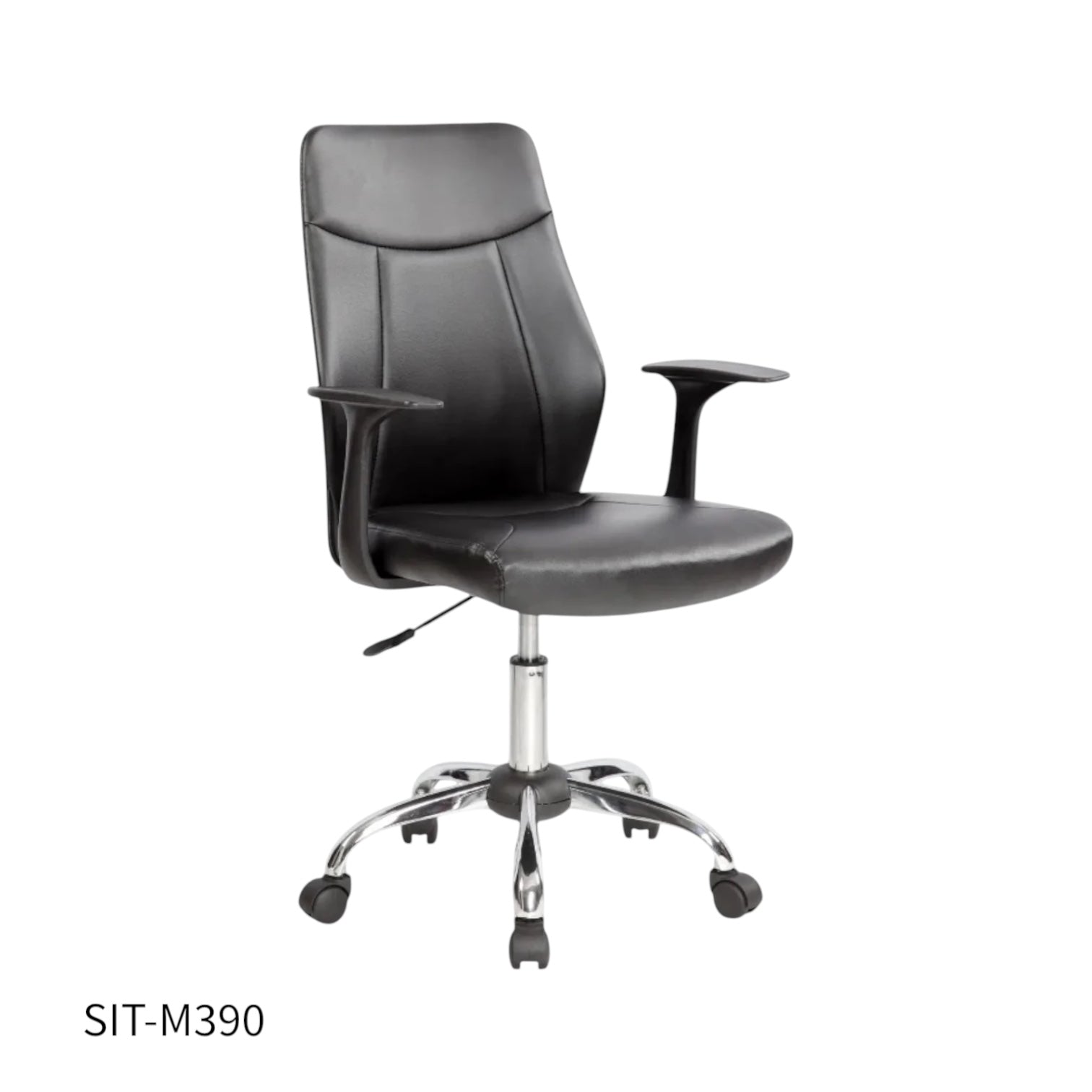 Silla SIT Ejecutiva, cuero sintético, asiento acolchonado. Color Negro. Peso: 250Lbs. SIT-M390
