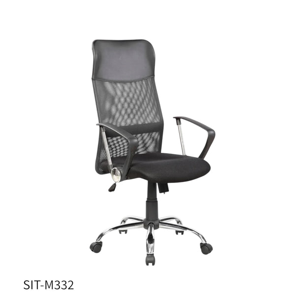 Silla SIT Ejecutiva, tejido plástico de Malla con Reposabrazos cromado, Color Negro. Peso: 250Lbs. SIT-M332