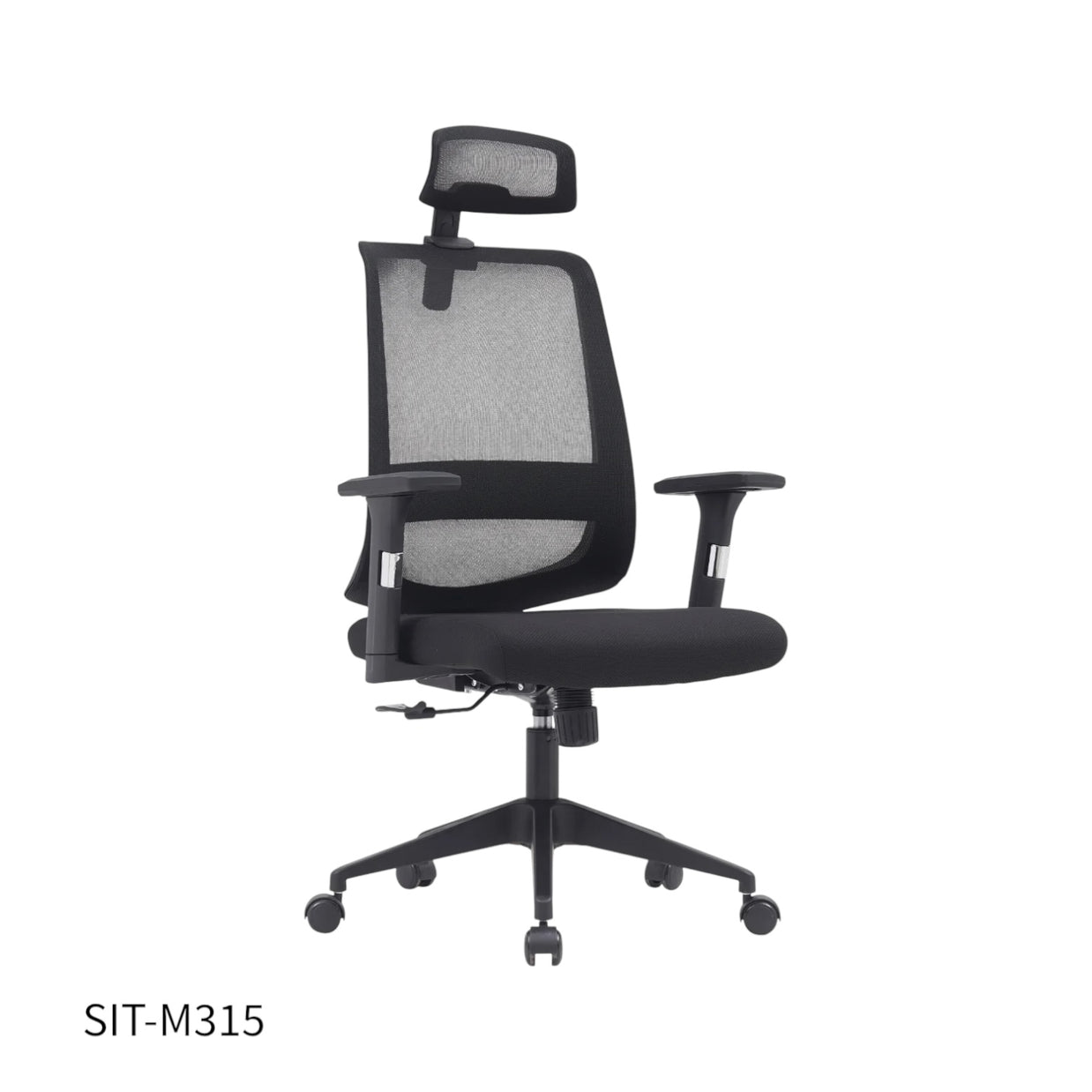 Silla SIT Ejecutiva, respaldo alto, ajustable, base cromada. Color Negro. Peso: 250Lbs. SIT-M315
