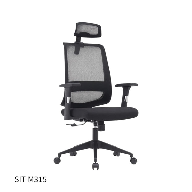 Silla SIT Ejecutiva, respaldo alto, ajustable, base cromada. Color Negro. Peso: 250Lbs. SIT-M315