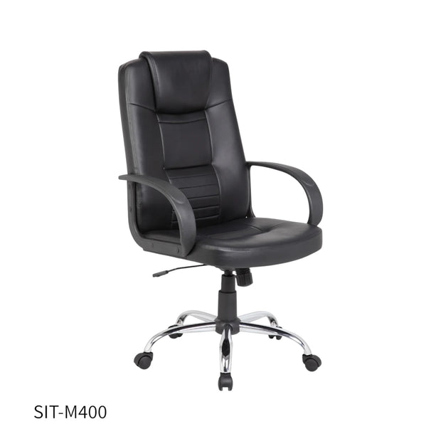 Silla SIT Gerencial, respaldar alto, piel sintética, base cromada. Color: Negro. Peso: 250Lbs. SIT-M400