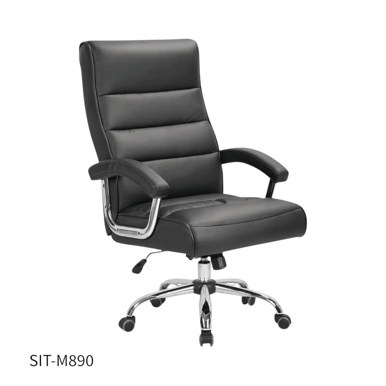 Silla SIT Gerencial, respaldo alto, cojín doble felpa, reposabrazos acolchados. Color Negro. Peso: 300Lbs. SIT-M890