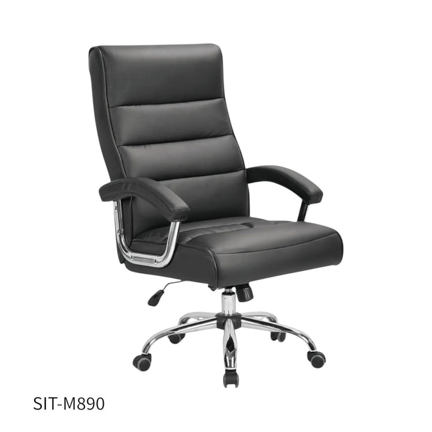 Silla SIT Gerencial, respaldo alto, cojín doble felpa, reposabrazos acolchados. Color Negro. Peso: 300Lbs. SIT-M890