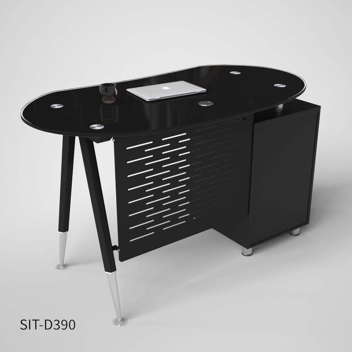 Escritorio de Oficina SIT, Base Ovalada, Vidrio Templado, 3 cajones, Color Blanco y Color Negro. SIT-D390