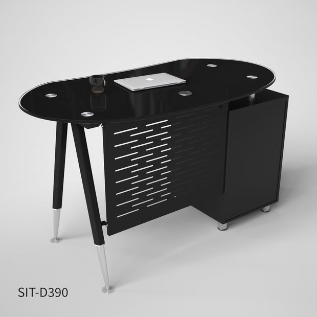 Escritorio de Oficina SIT, Base Ovalada, Vidrio Templado, 3 cajones, Color Blanco y Color Negro. SIT-D390
