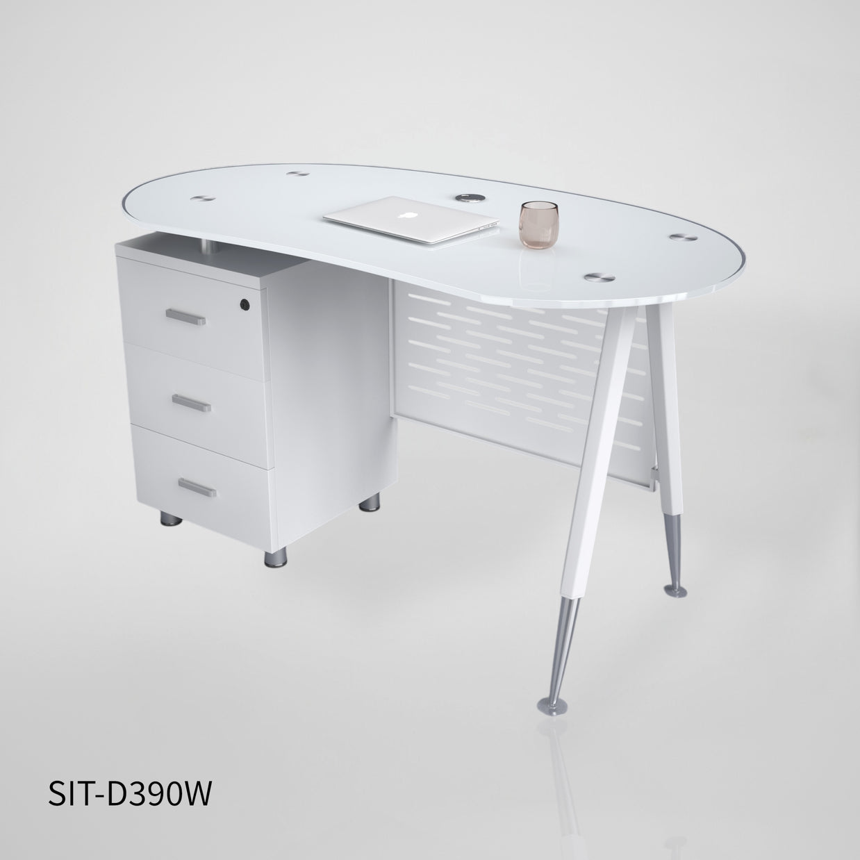 Escritorio de Oficina SIT, Base Ovalada, Vidrio Templado, 3 cajones, Color Blanco y Color Negro. SIT-D390