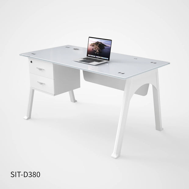 Escritorio de Oficina SIT, base cuadrada, vidrio templado, base metálica, 2 cajones, Color Blanco.