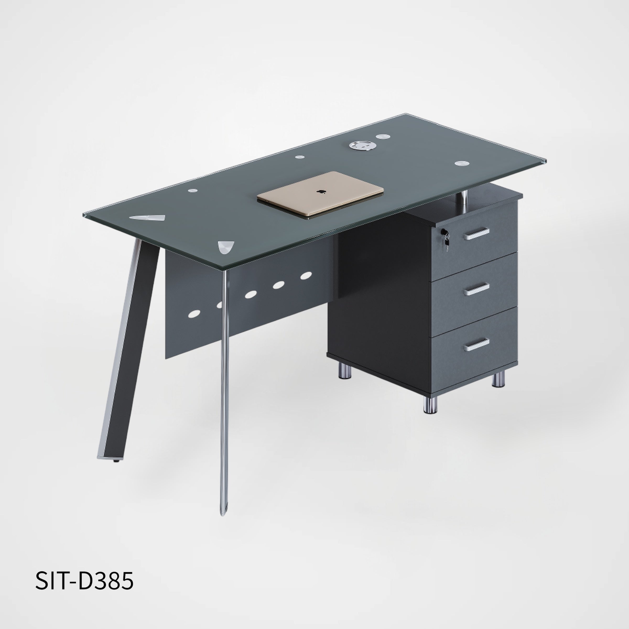 Escritorio de Oficina SIT, base cuadrada, vidrio templado, 3 cajones, base metalica, Color Griș Plomo. SIT-D385