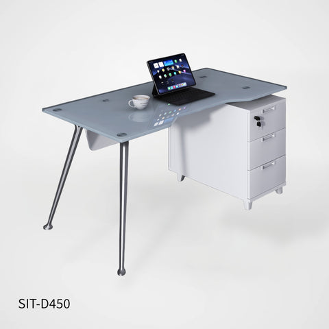 Escritorio de Oficina SIT, base cuadrada, vidrio templado, 3 cajones, base metálica. Color Blanco+Gris. SIT-D450