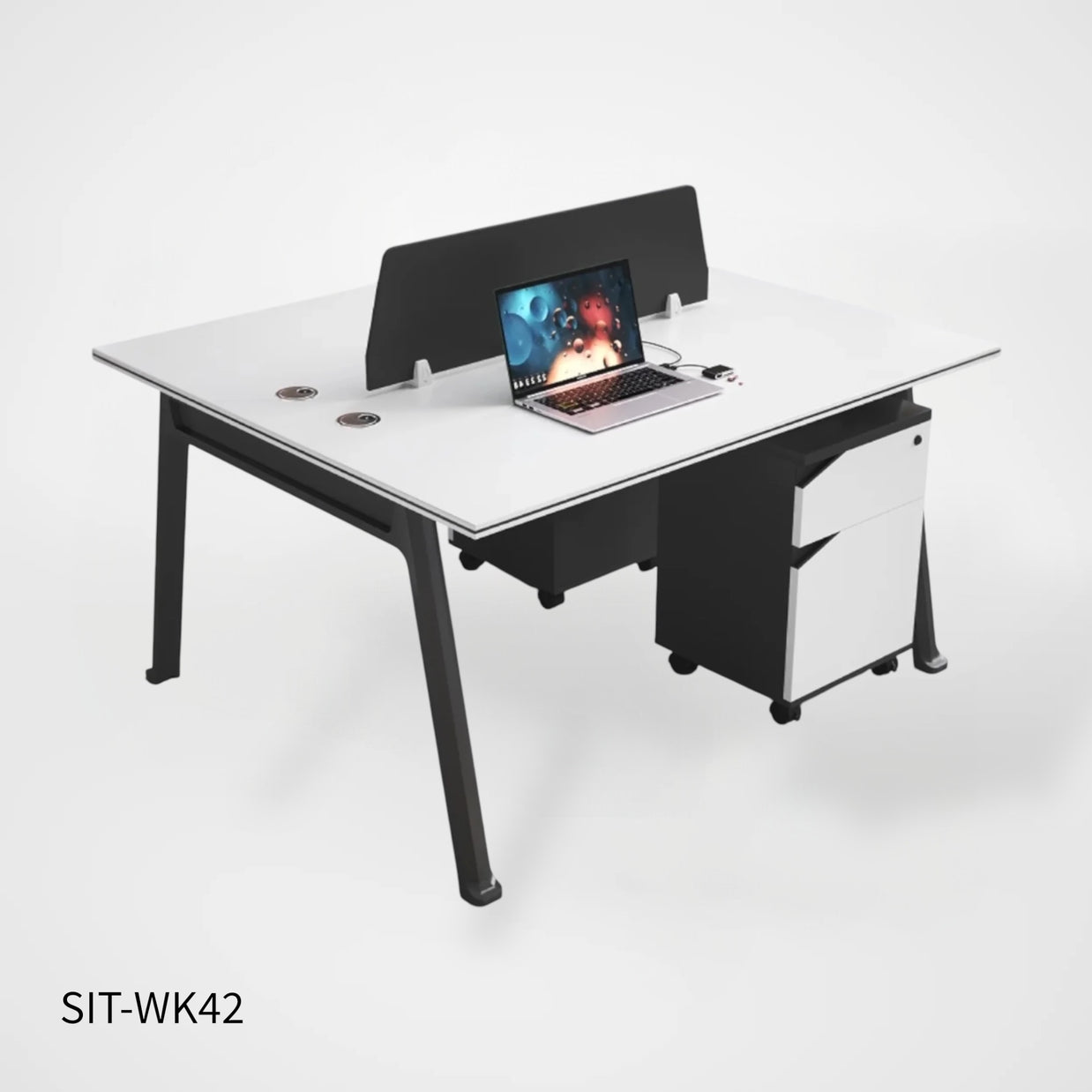 Estación de Trabajo (Workstation) SIT, 2 Módulos, 1 Gaveta+1 Almacenamiento, Panel Privado, Pasacable, Color Blanco + Gris Oscuro. SIT-WK42