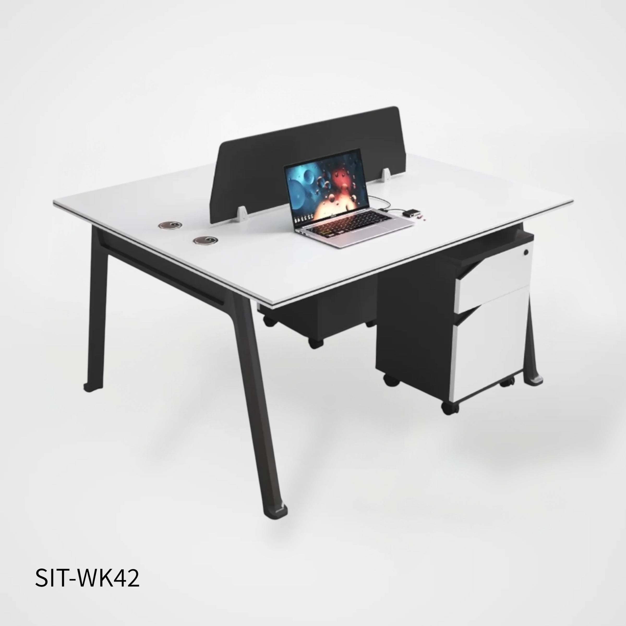 Estación de Trabajo (Workstation) SIT, 2 Módulos, 1 Gaveta+1 Almacenamiento, Panel Privado, Pasacable, Color Blanco + Gris Oscuro. SIT-WK42