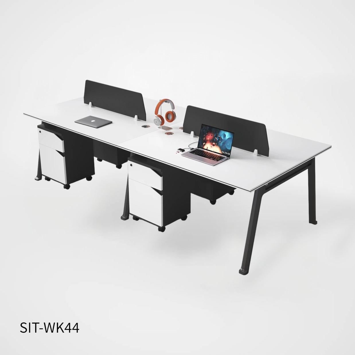 Estación de Trabajo (Workstation) SIT, 4 Módulos, 1 Gaveta+1 Almacenamiento, Panel Privado, Pasacable, Color Blanco+Gris Oscuro. SIT-WK44