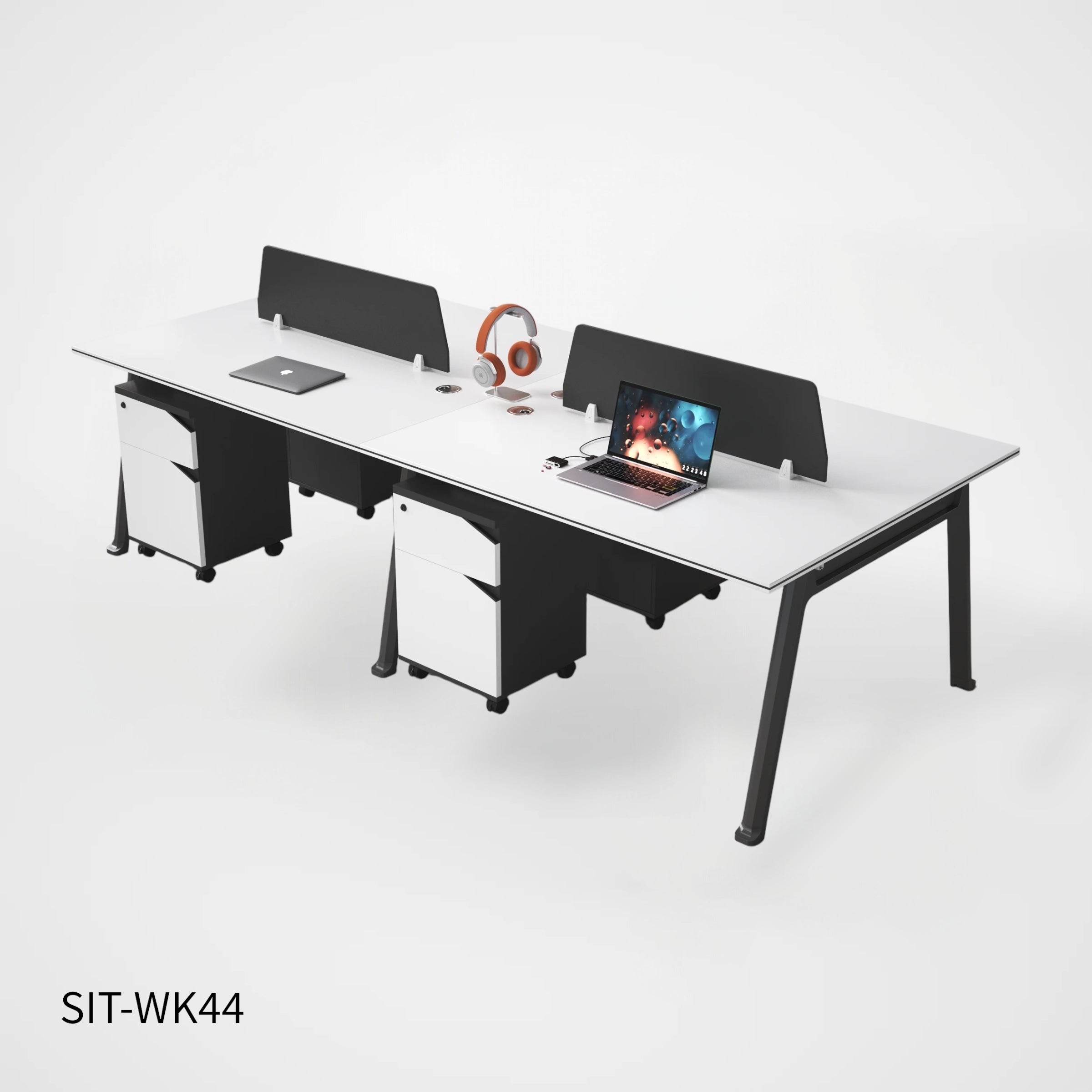 Estación de Trabajo (Workstation) SIT, 4 Módulos, 1 Gaveta+1 Almacenamiento, Panel Privado, Pasacable, Color Blanco+Gris Oscuro. SIT-WK44